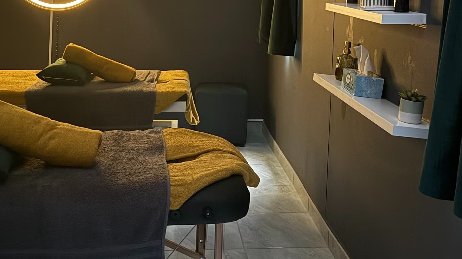Treatment beds with mustard towels